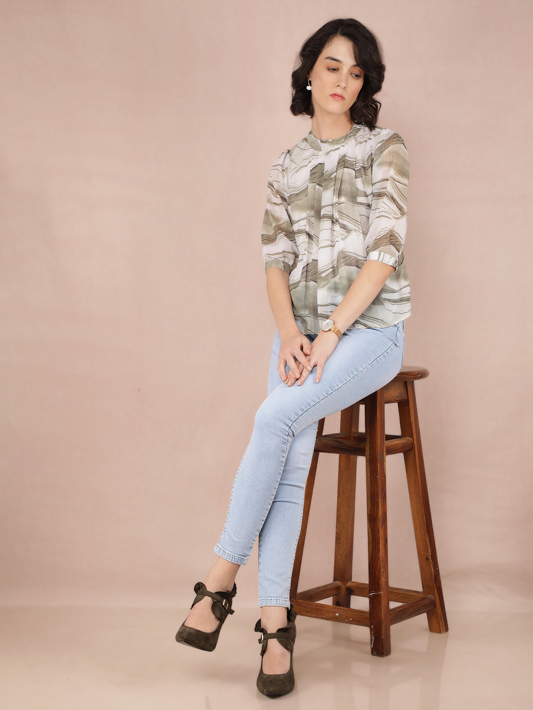 Olive Abstract Print Top-Women Tops-Crimsoune Club