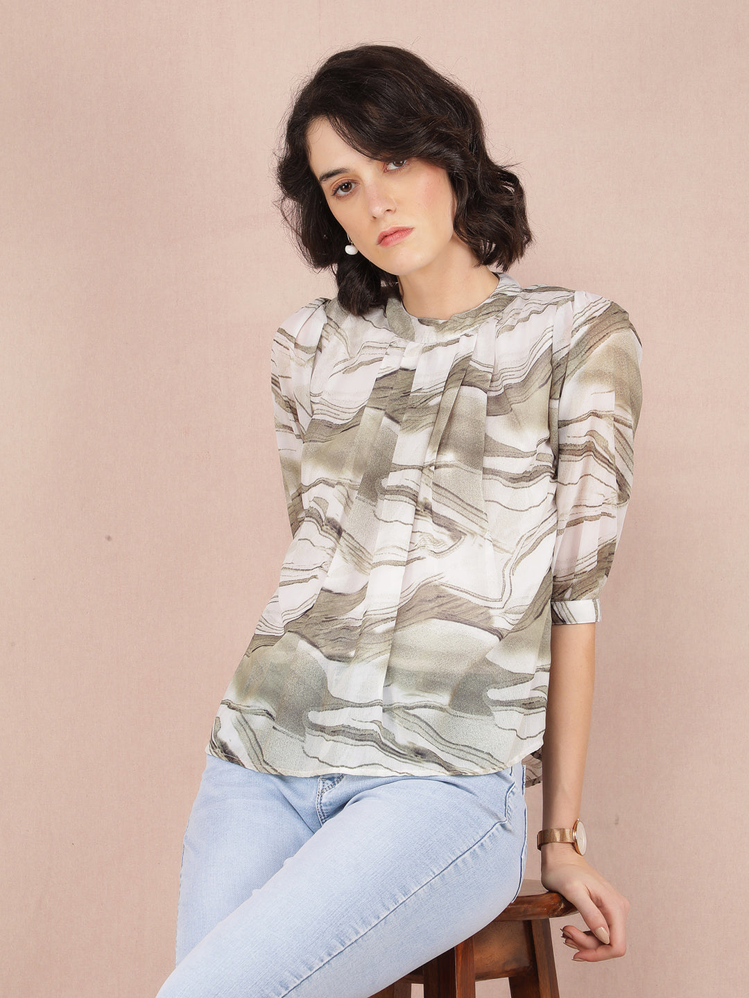 Olive Abstract Print Top-Women Tops-Crimsoune Club