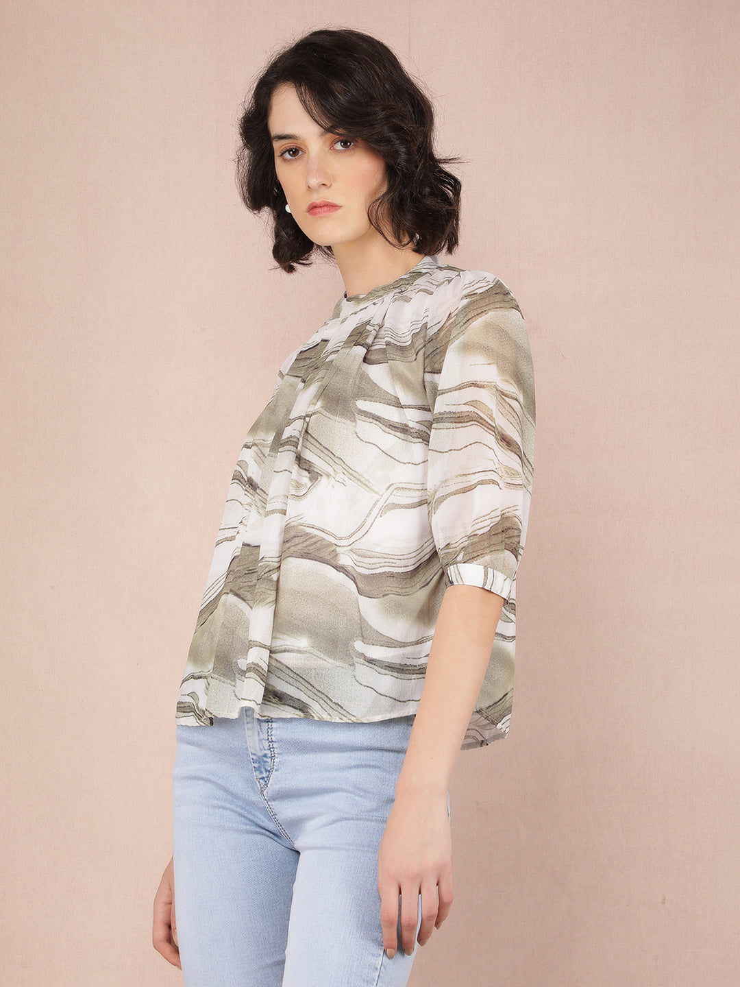 Olive Abstract Print Top-Women Tops-Crimsoune Club