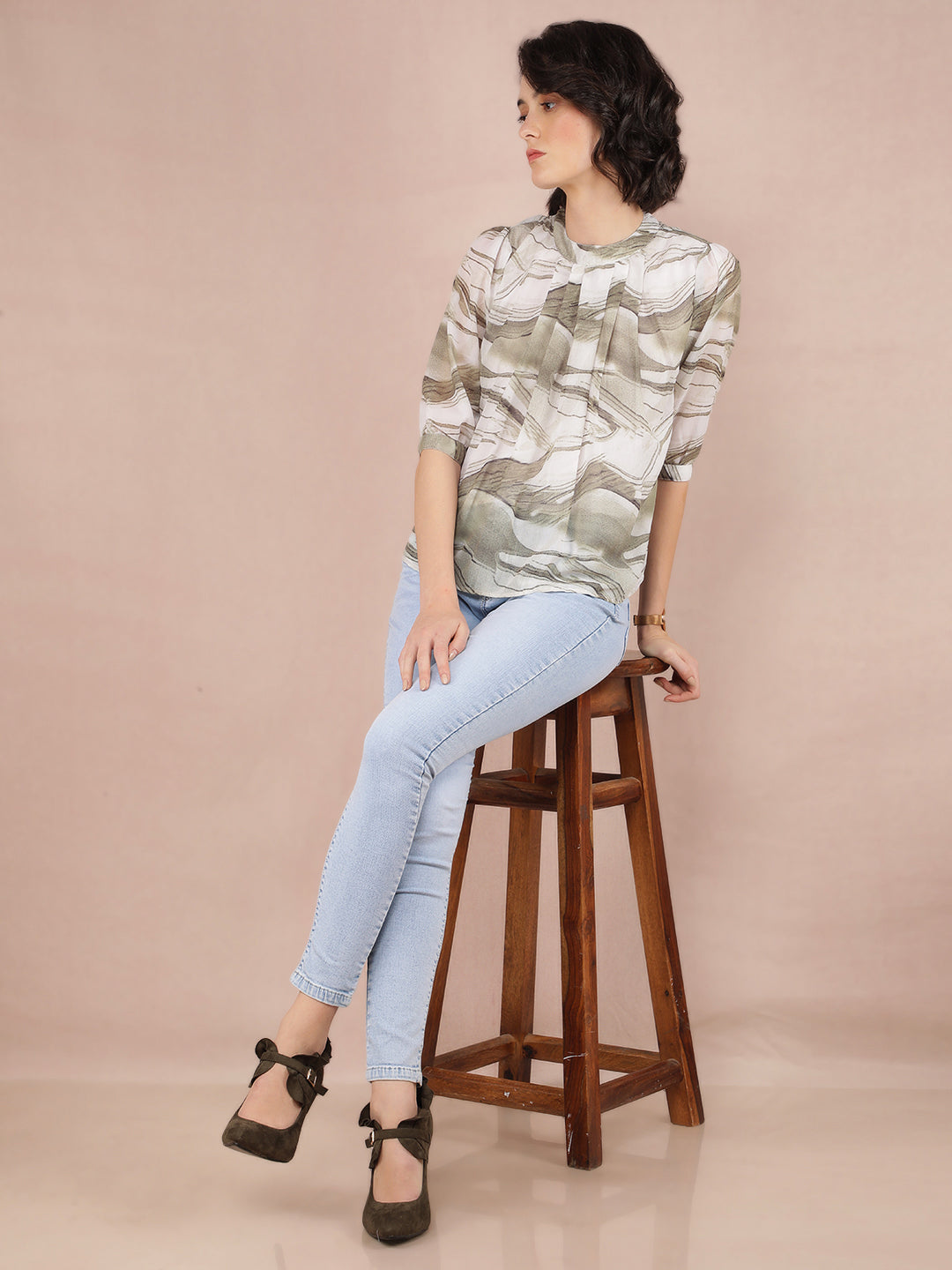 Olive Abstract Print Top-Women Tops-Crimsoune Club