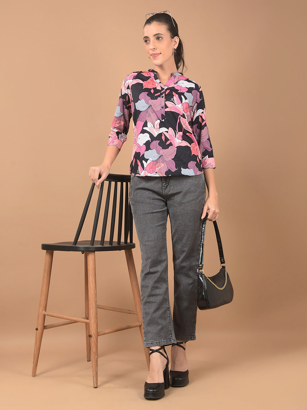 Multi-Color Floral Print Mandarin Collar Top