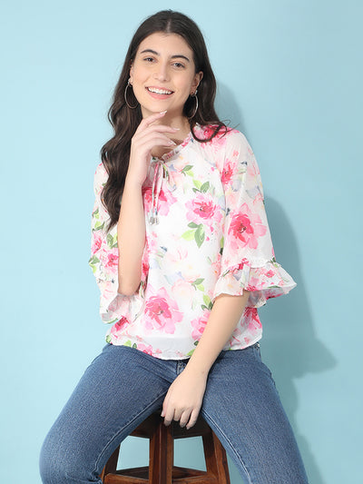 Pink Floral Print Top-Women Tops-Crimsoune Club