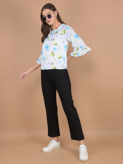 Blue Floral Print Tie-Up Neck Top-Women Tops-Crimsoune Club