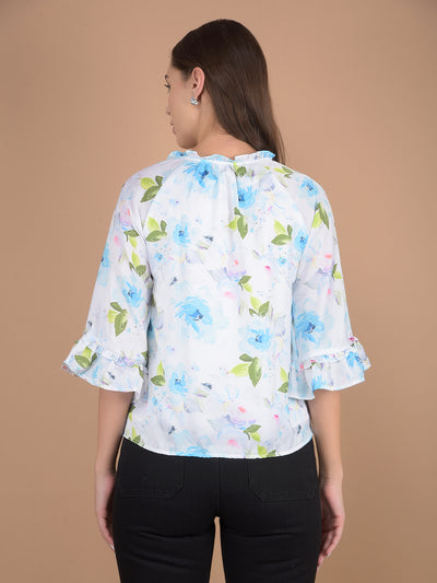 Blue Floral Print Tie-Up Neck Top-Women Tops-Crimsoune Club