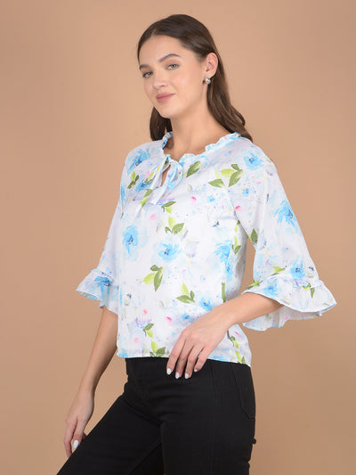 Blue Floral Print Tie-Up Neck Top-Women Tops-Crimsoune Club