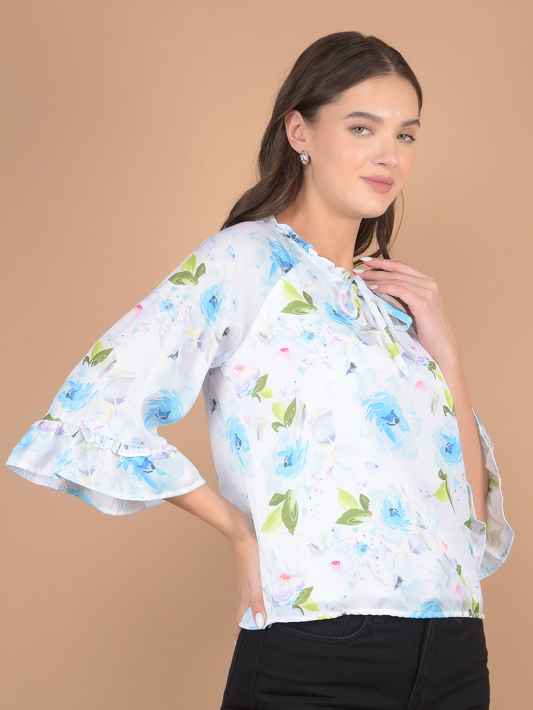 Blue Floral Print Tie-Up Neck Top-Women Tops-Crimsoune Club