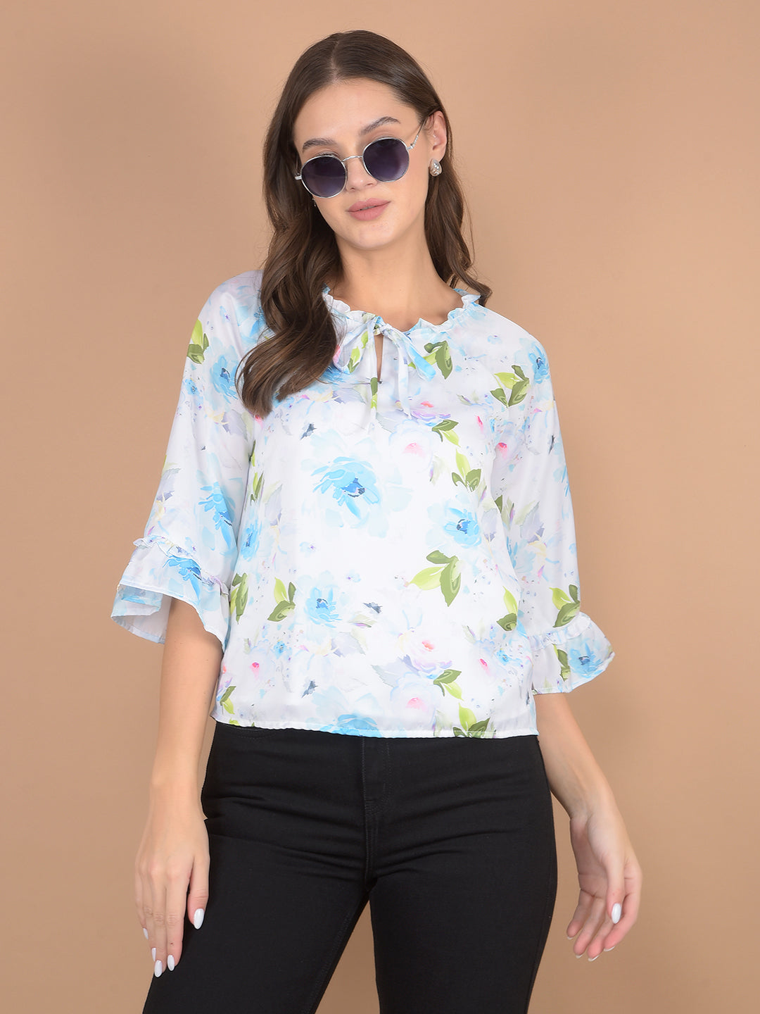 Blue Floral Print Tie-Up Neck Top-Women Tops-Crimsoune Club