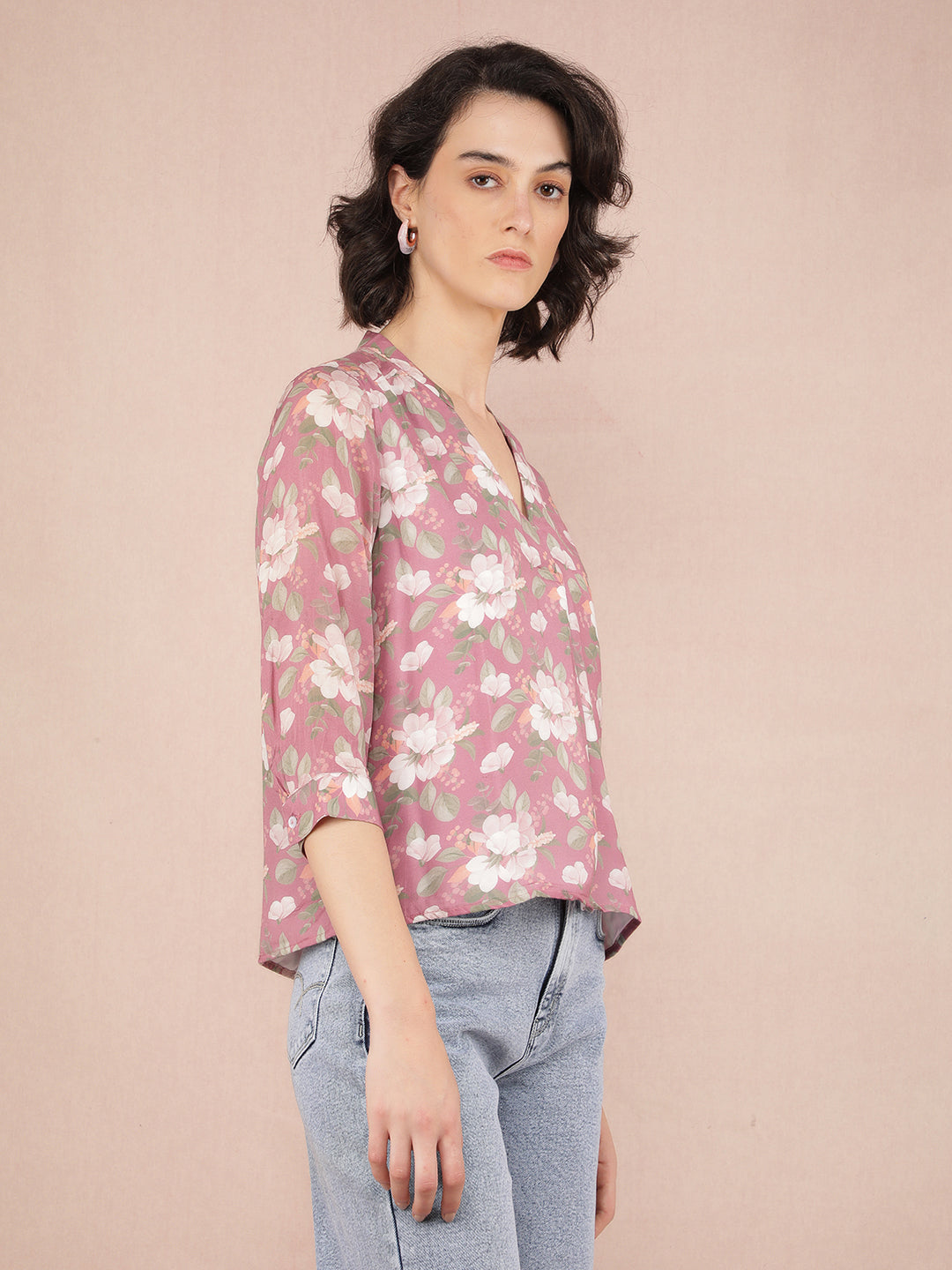 Purple Floral Print V-Neck Top-Women Tops-Crimsoune Club