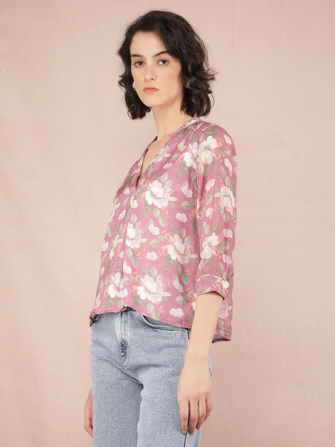 Purple Floral Print V-Neck Top-Women Tops-Crimsoune Club