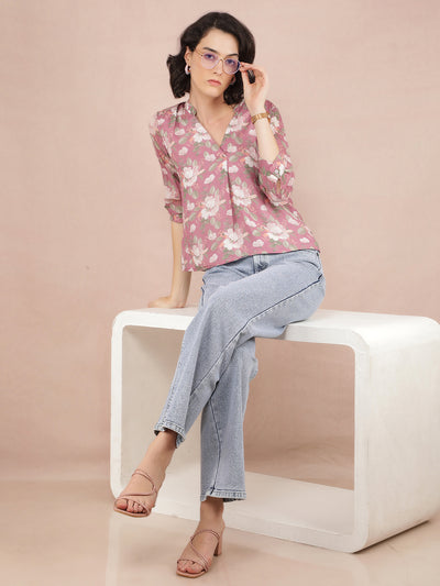 Purple Floral Print V-Neck Top-Women Tops-Crimsoune Club