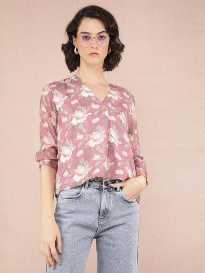 Purple Floral Print V-Neck Top-Women Tops-Crimsoune Club