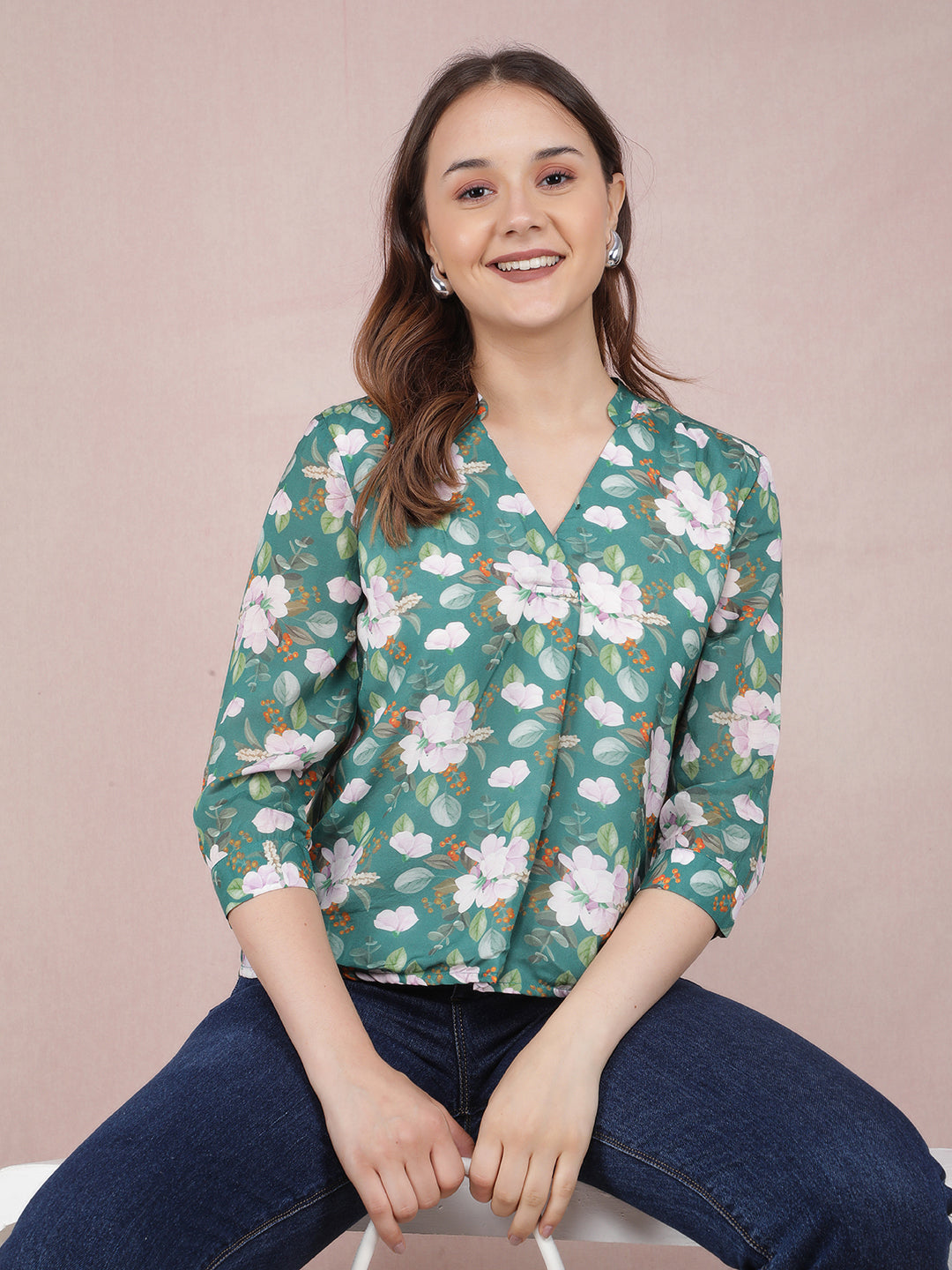 Green Floral Print V-Neck Top-Women Tops-Crimsoune Club