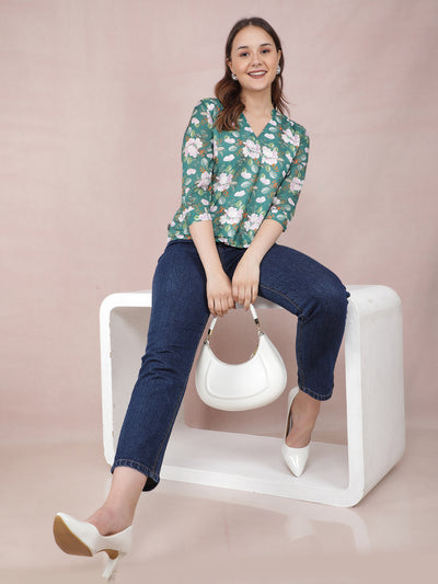 Green Floral Print V-Neck Top-Women Tops-Crimsoune Club