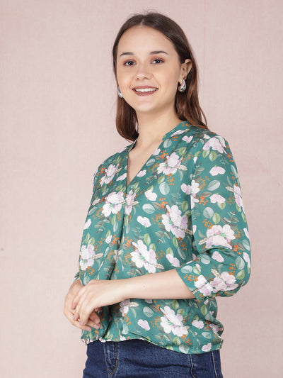 Green Floral Print V-Neck Top-Women Tops-Crimsoune Club