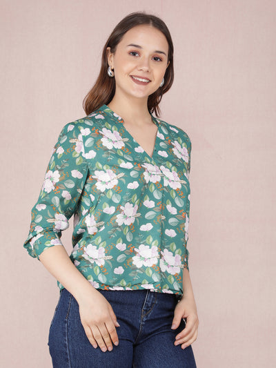 Green Floral Print V-Neck Top-Women Tops-Crimsoune Club