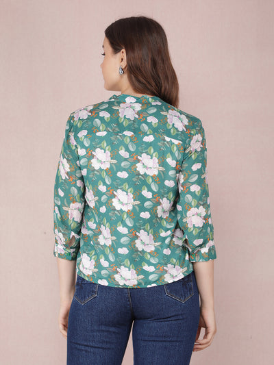 Green Floral Print V-Neck Top-Women Tops-Crimsoune Club