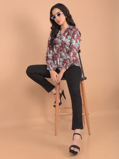 Maroon Abstract Print V-Neck Top-Women Tops-Crimsoune Club