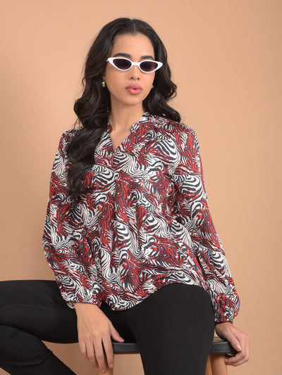 Maroon Abstract Print V-Neck Top-Women Tops-Crimsoune Club