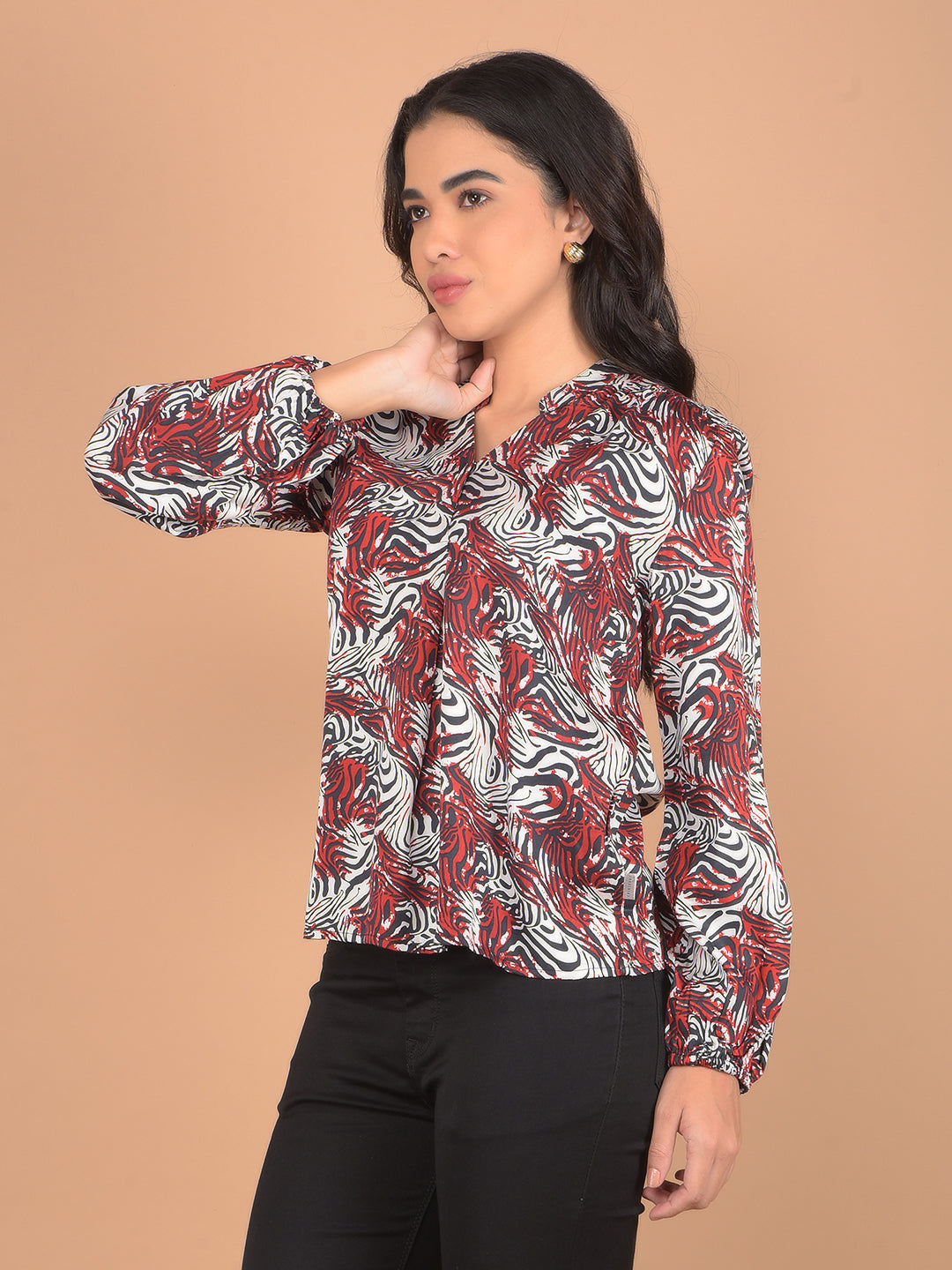 Maroon Abstract Print V-Neck Top-Women Tops-Crimsoune Club