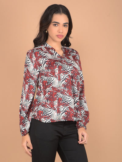 Maroon Abstract Print V-Neck Top-Women Tops-Crimsoune Club