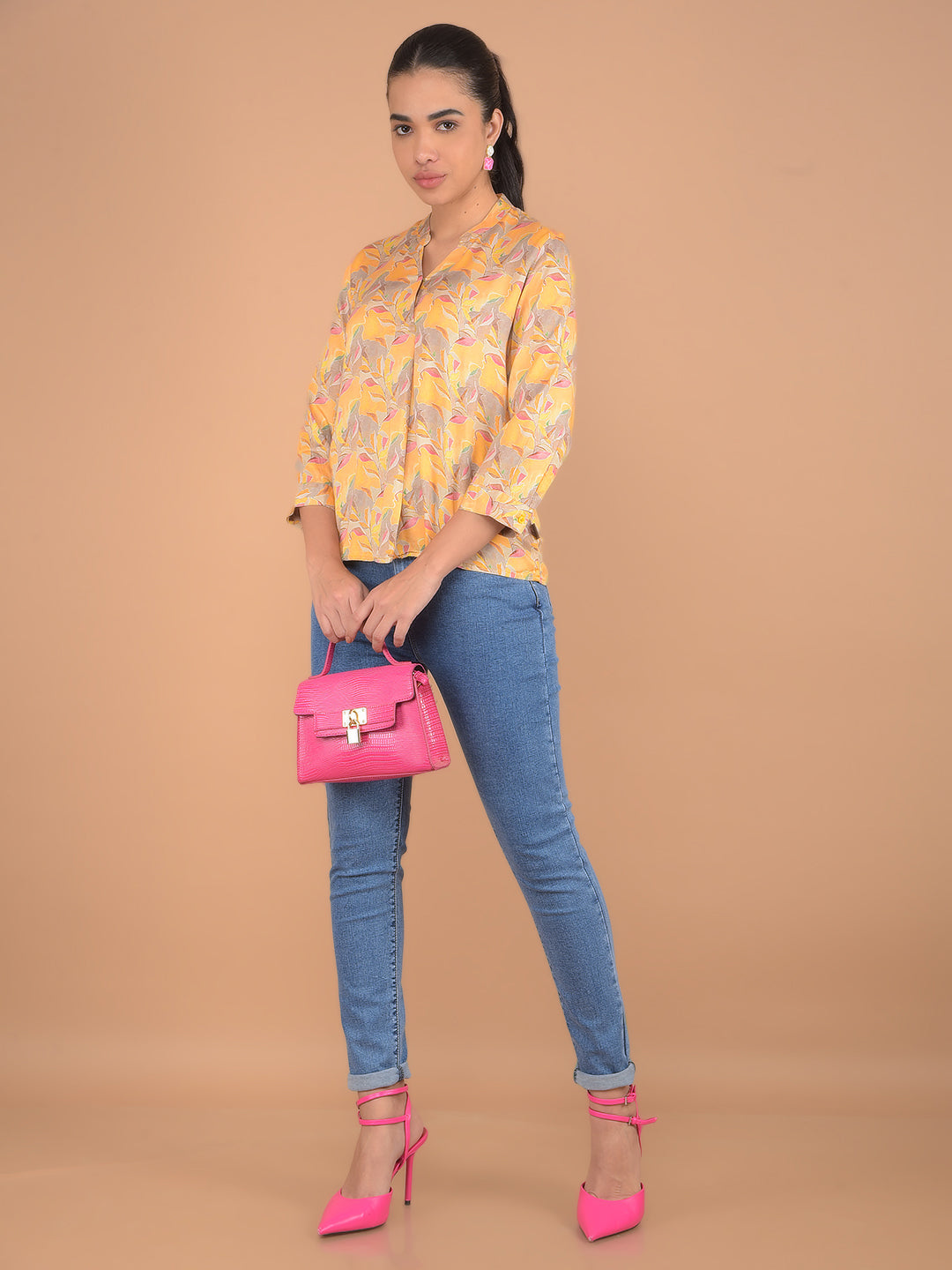 Mustard Floral Print V-Neck Top-Women Tops-Crimsoune Club