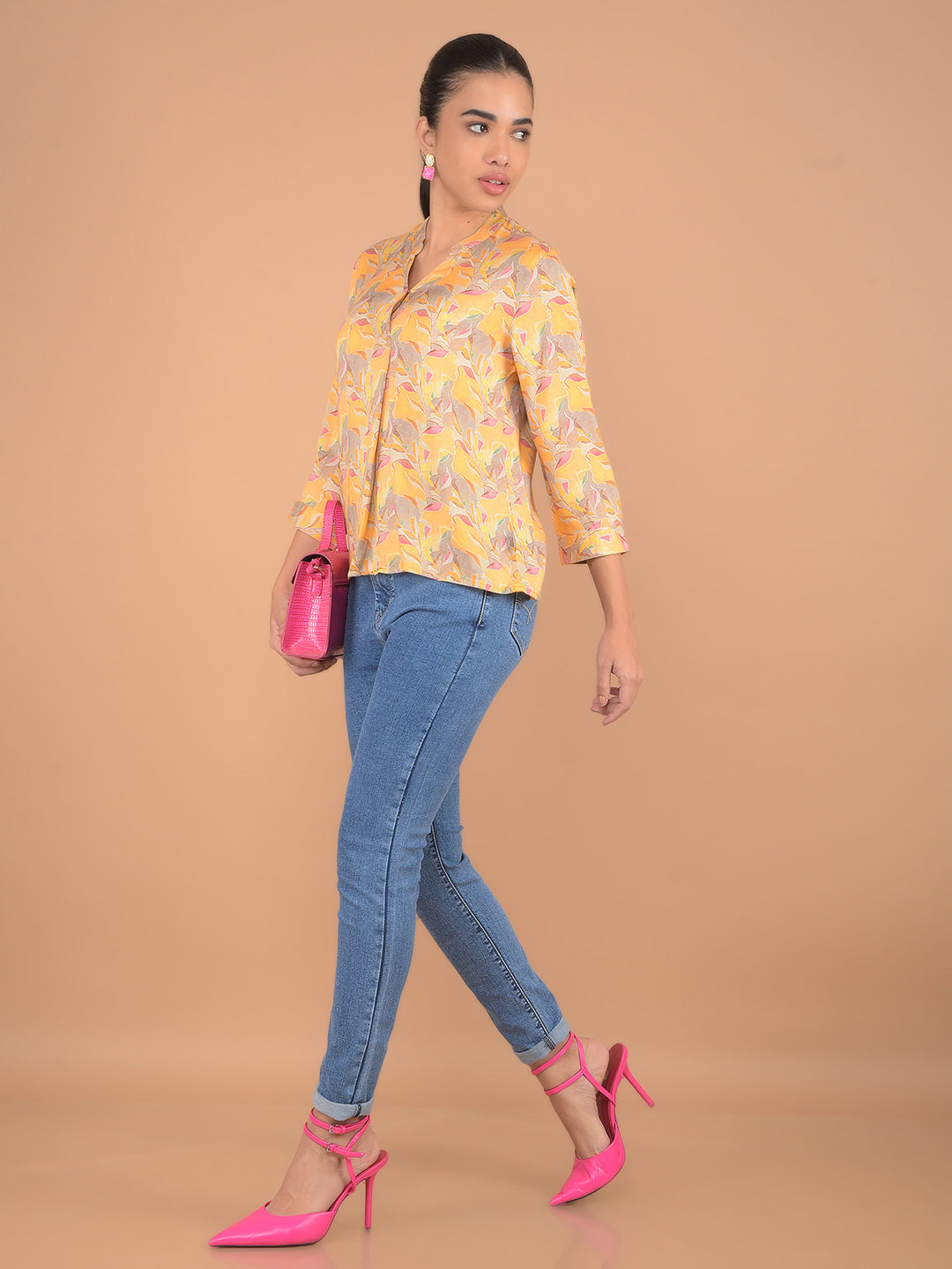 Mustard Floral Print V-Neck Top-Women Tops-Crimsoune Club