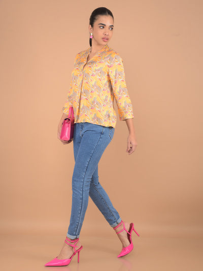 Mustard Floral Print V-Neck Top-Women Tops-Crimsoune Club