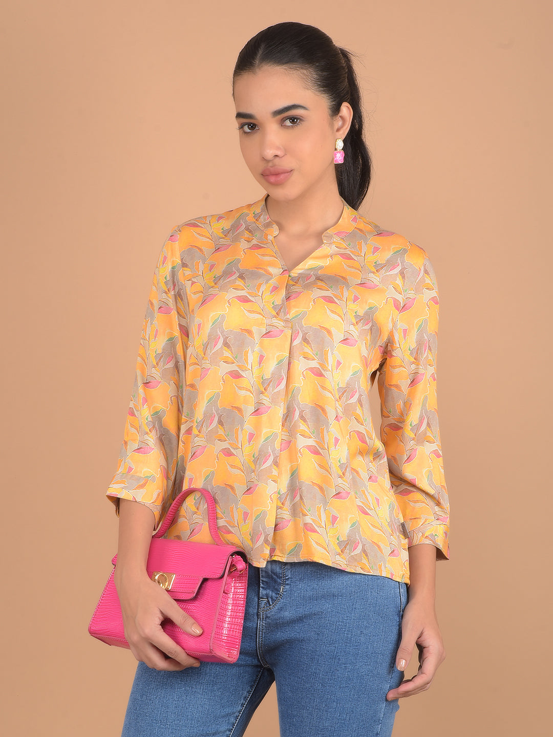 Mustard Floral Print V-Neck Top-Women Tops-Crimsoune Club