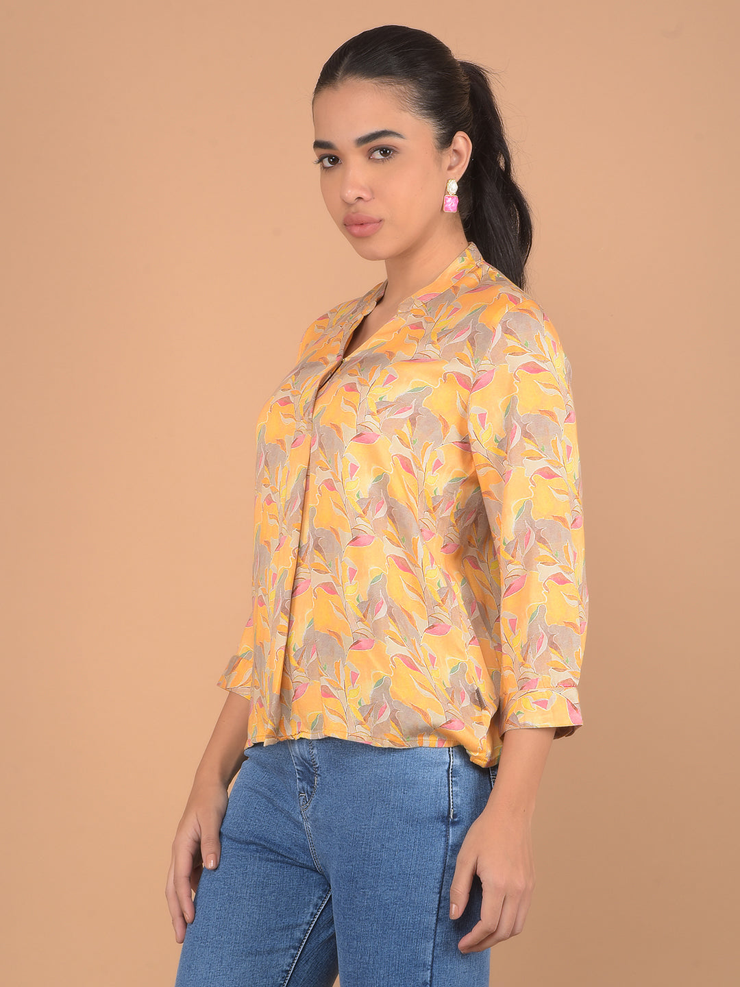 Mustard Floral Print V-Neck Top-Women Tops-Crimsoune Club