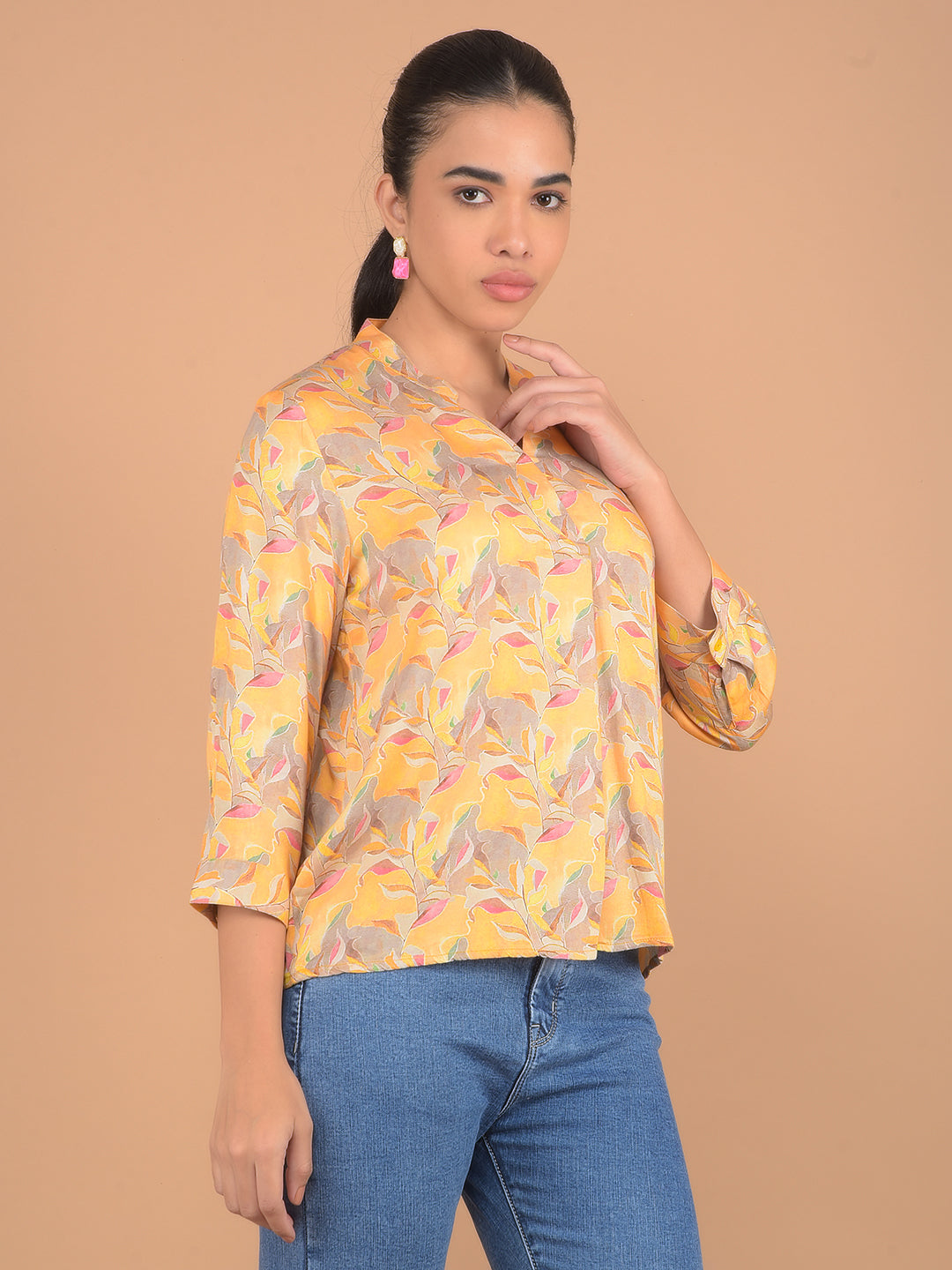 Mustard Floral Print V-Neck Top-Women Tops-Crimsoune Club