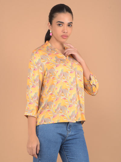 Mustard Floral Print V-Neck Top-Women Tops-Crimsoune Club