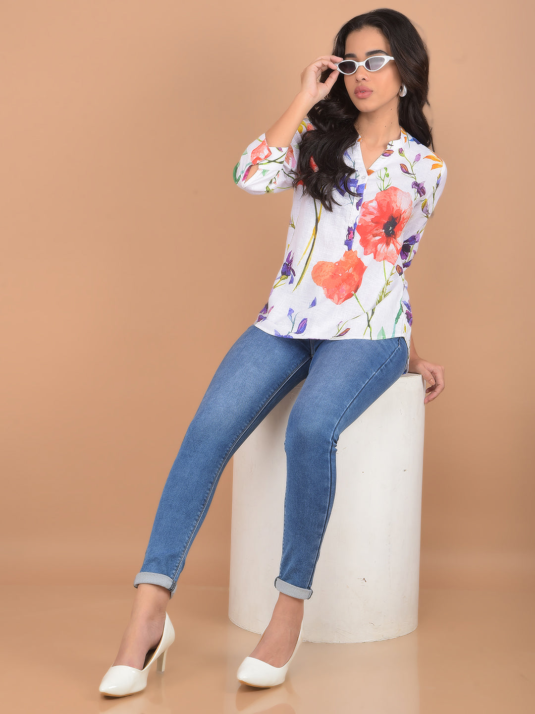 Multi-Color Floral Print Linen Top-Women Tops-Crimsoune Club