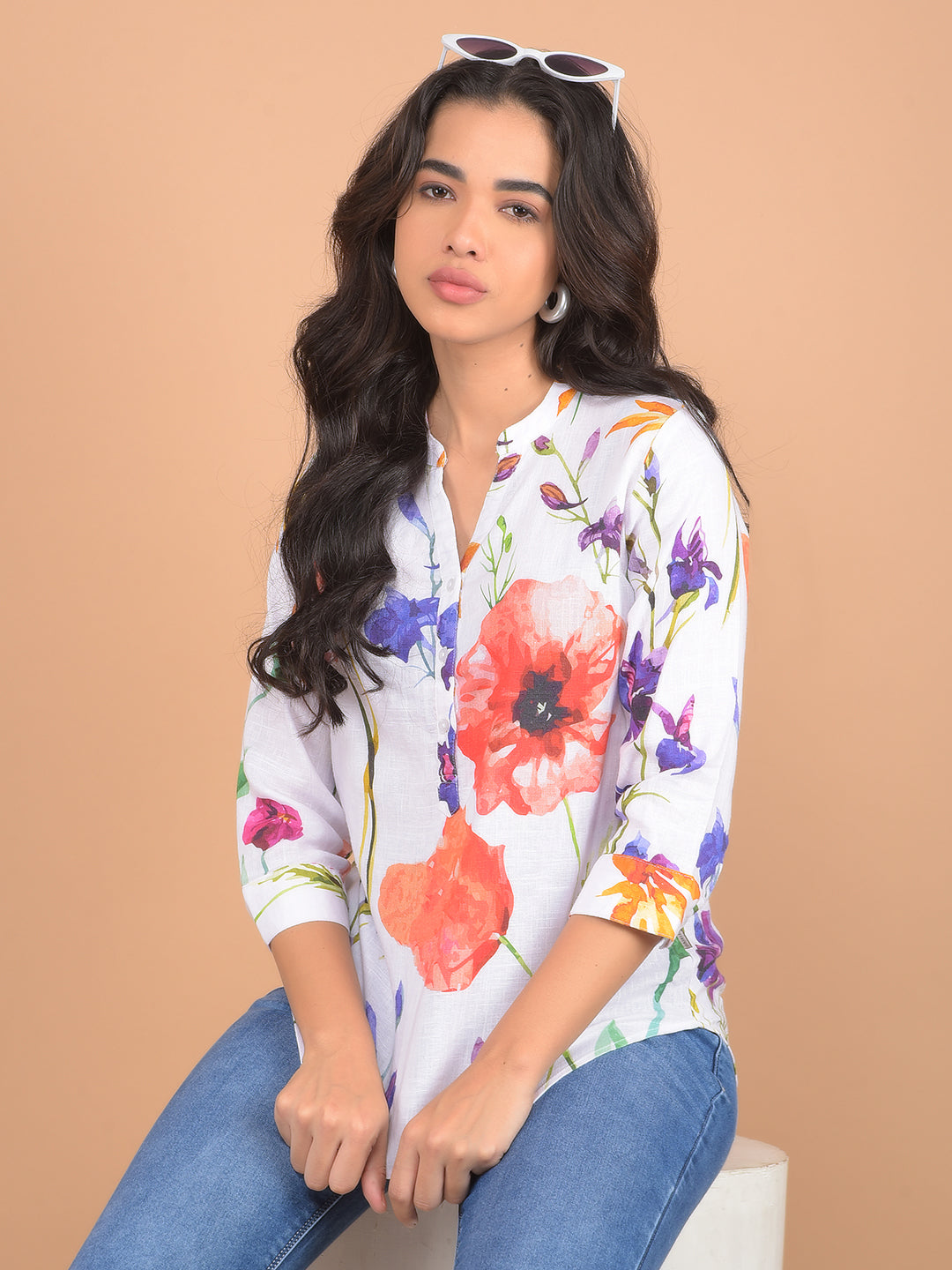 Multi-Color Floral Print Linen Top-Women Tops-Crimsoune Club