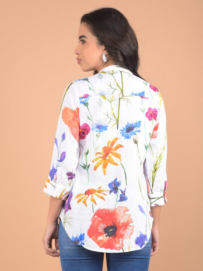 Multi-Color Floral Print Linen Top-Women Tops-Crimsoune Club