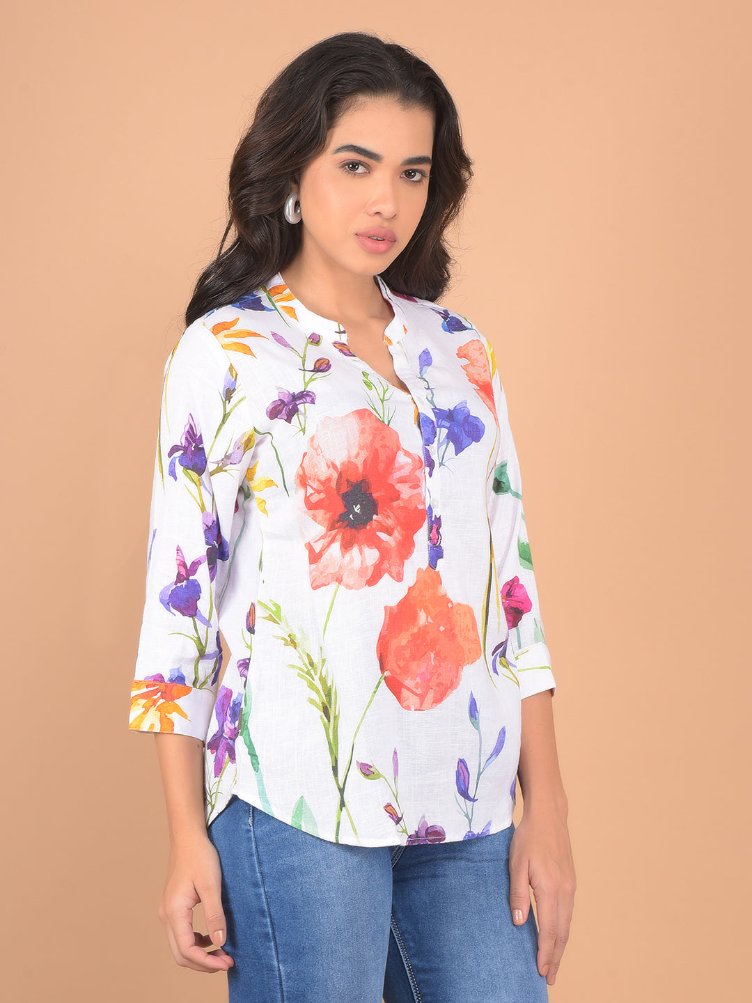 Multi-Color Floral Print Linen Top-Women Tops-Crimsoune Club