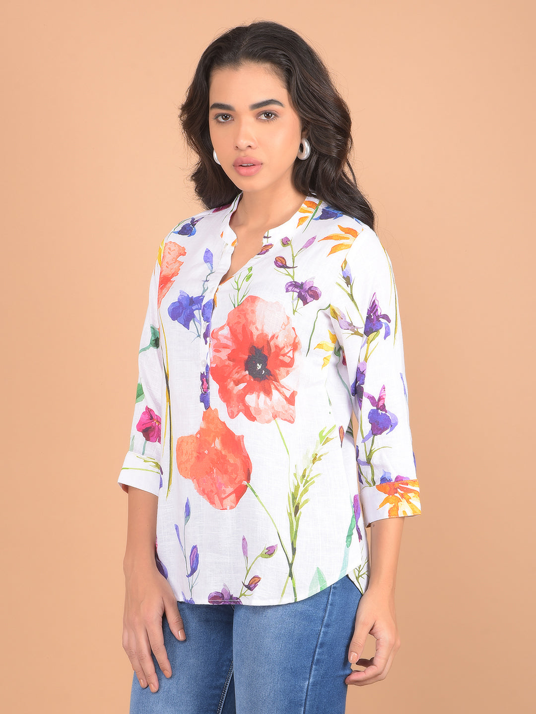 Multi-Color Floral Print Linen Top-Women Tops-Crimsoune Club