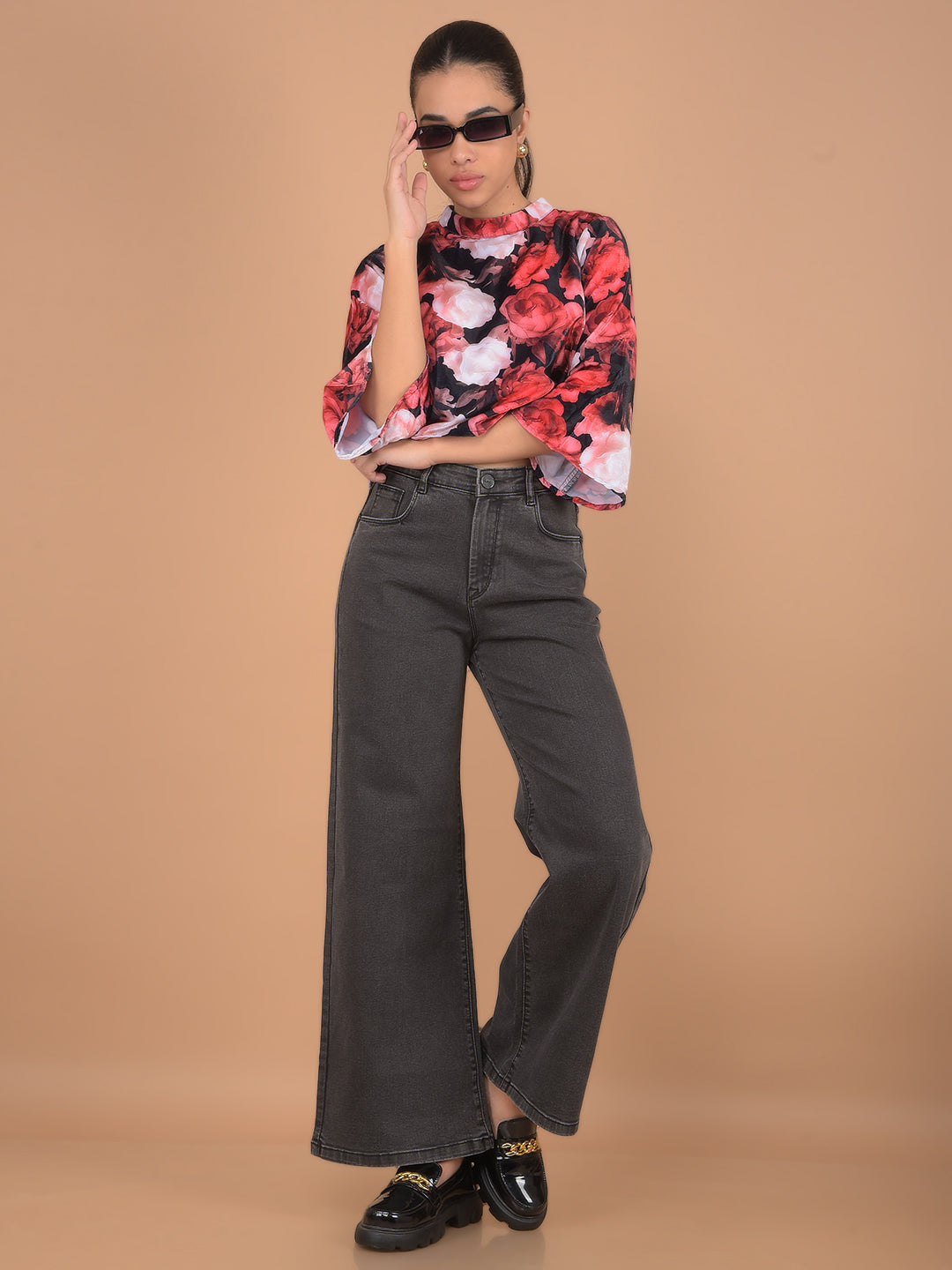 Red Floral Print Crop Top-Women Tops-Crimsoune Club