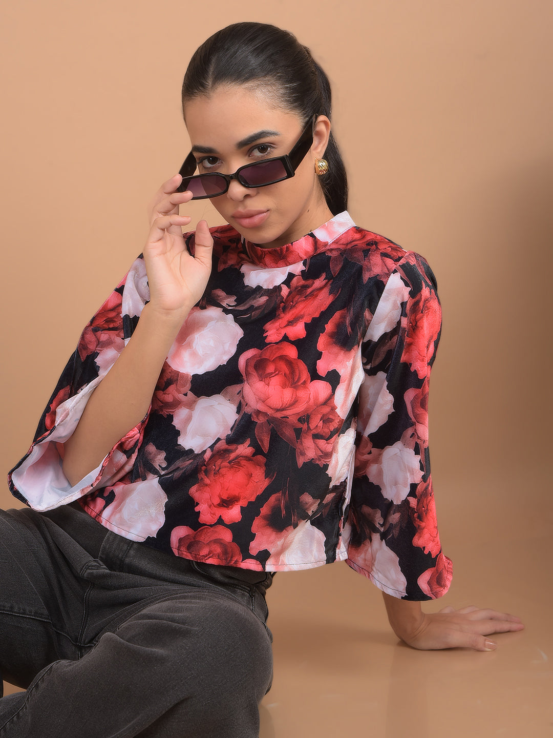 Red Floral Print Crop Top-Women Tops-Crimsoune Club