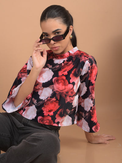 Red Floral Print Crop Top-Women Tops-Crimsoune Club