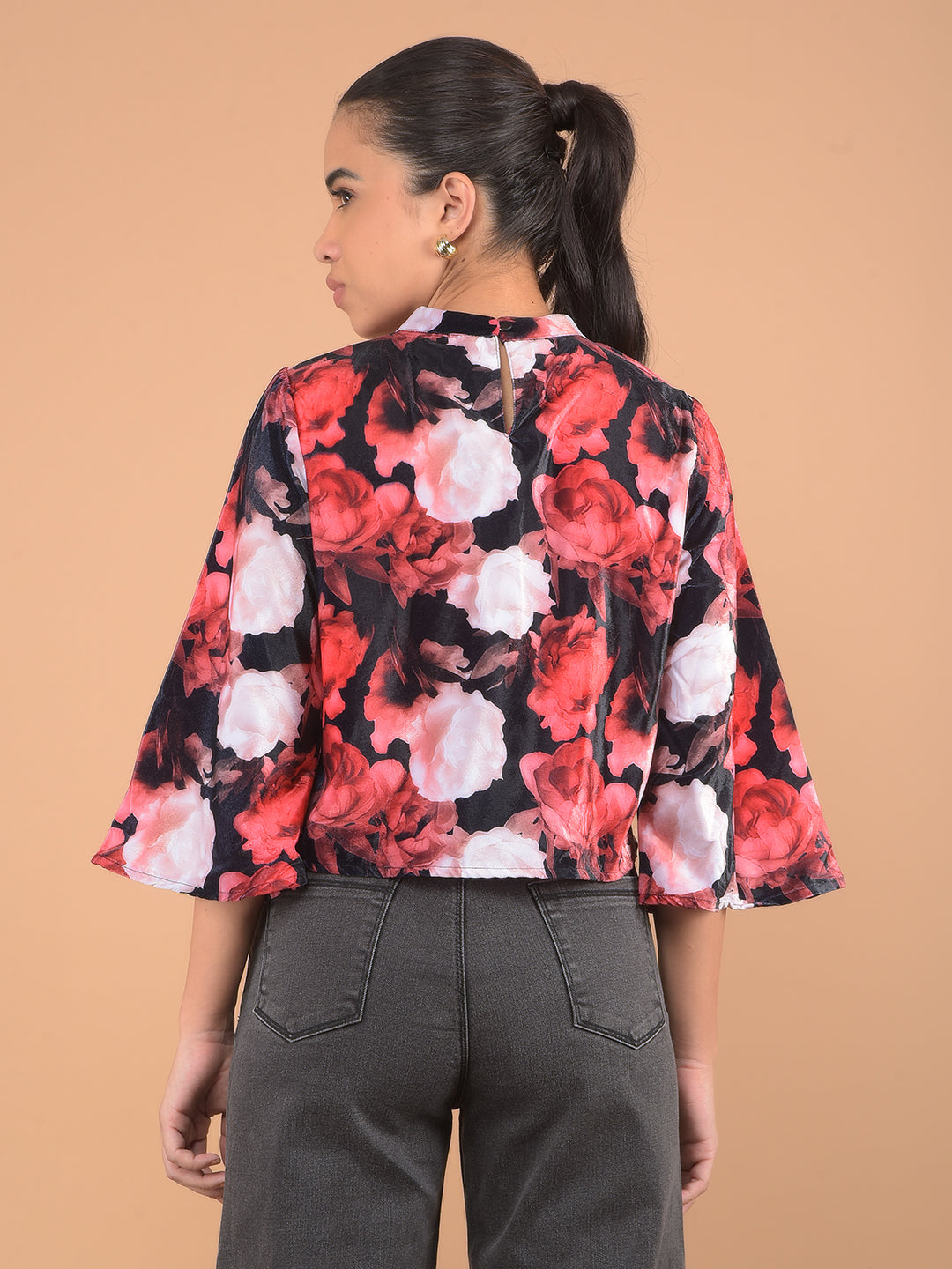 Red Floral Print Crop Top-Women Tops-Crimsoune Club