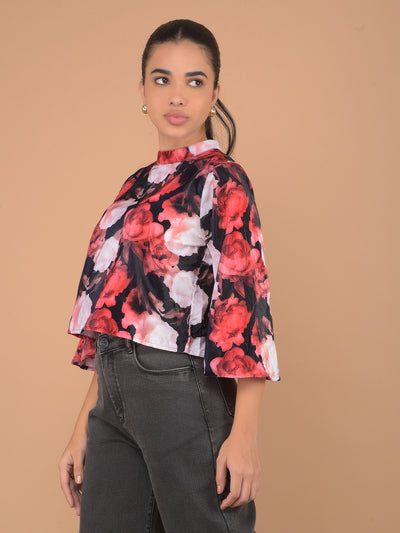 Red Floral Print Crop Top-Women Tops-Crimsoune Club