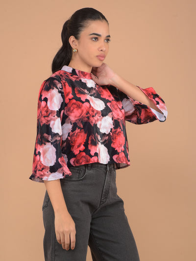 Red Floral Print Crop Top-Women Tops-Crimsoune Club