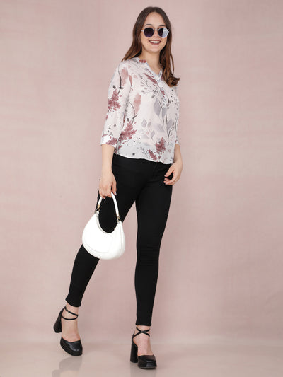 Pink Floral Print V-Neck Top-Women Tops-Crimsoune Club