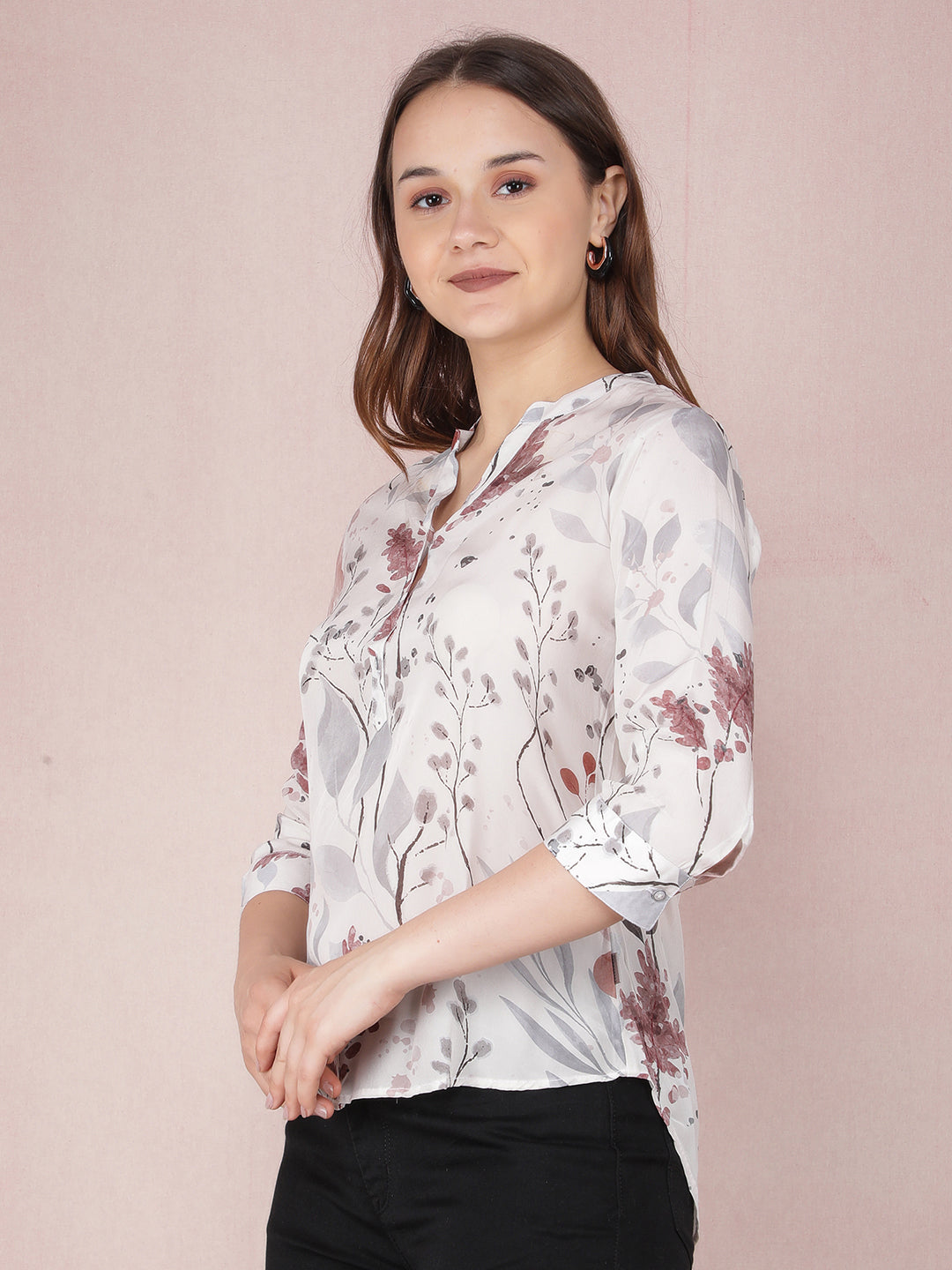 Pink Floral Print V-Neck Top-Women Tops-Crimsoune Club