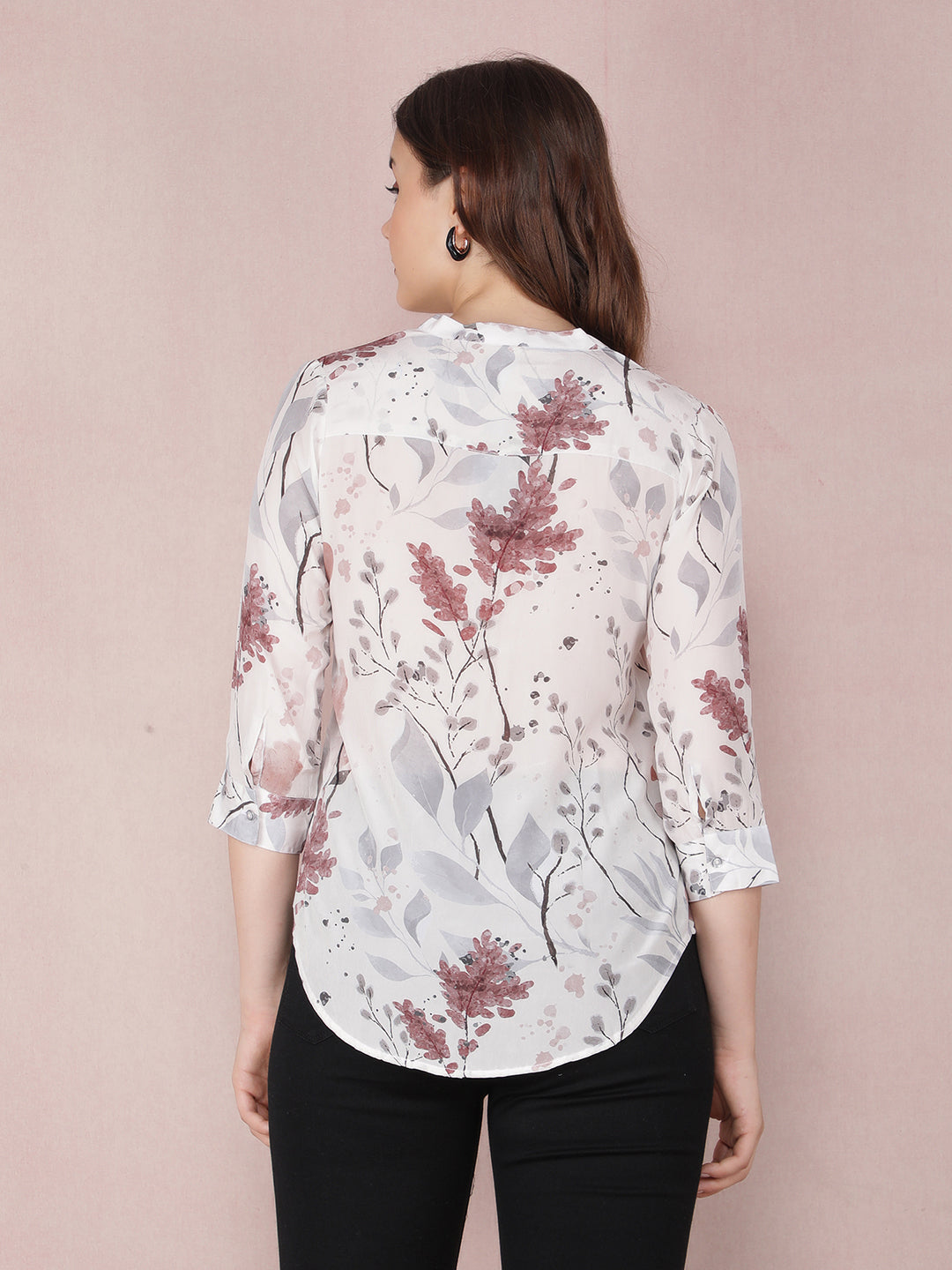 Pink Floral Print V-Neck Top-Women Tops-Crimsoune Club