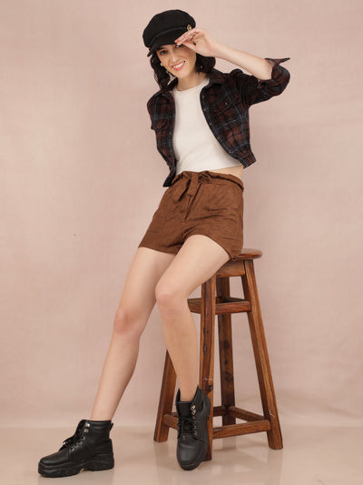 Brown Checked Crop Length Knitted 100% Cotton Top-Women Tops-Crimsoune Club