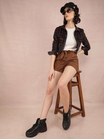 Brown Checked Crop Length Knitted 100% Cotton Top-Women Tops-Crimsoune Club