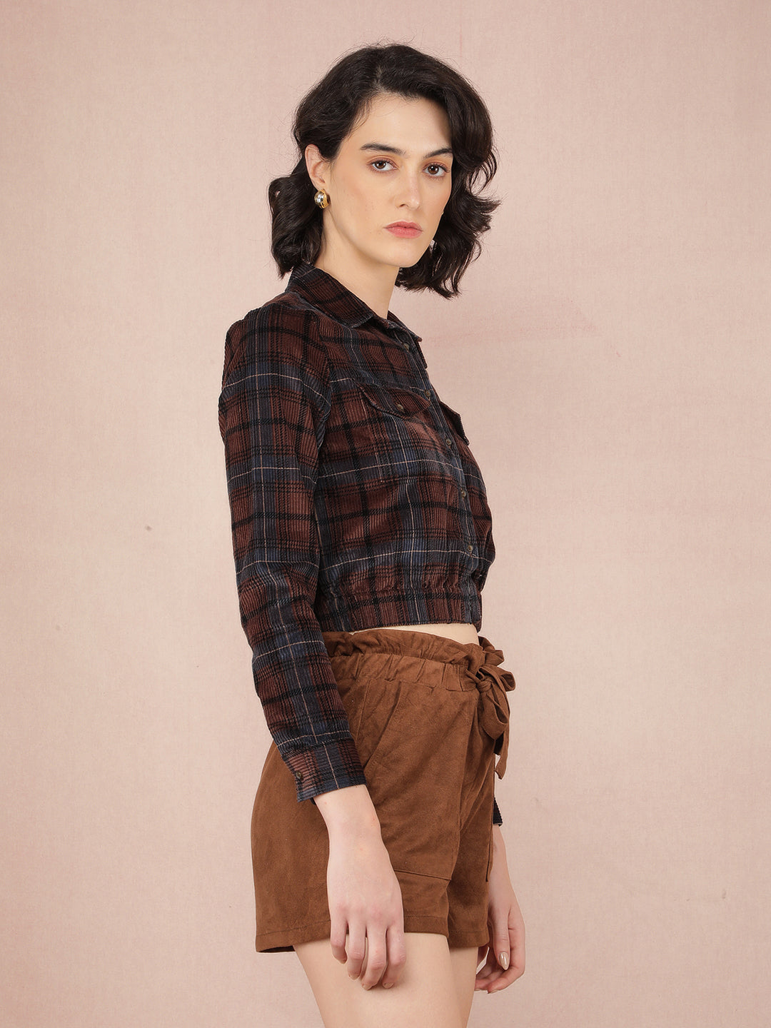 Brown Checked Crop Length Knitted 100% Cotton Top-Women Tops-Crimsoune Club