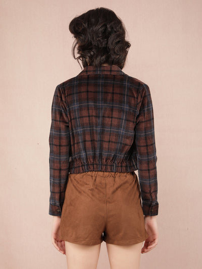 Brown Checked Crop Length Knitted 100% Cotton Top-Women Tops-Crimsoune Club