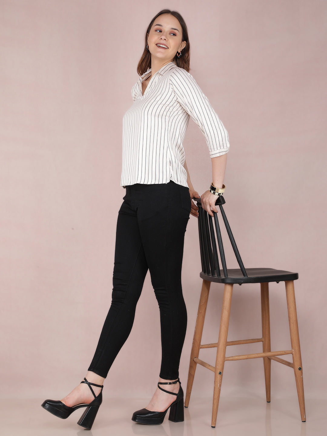 Cream Vertical Stripes Top-Women Tops-Crimsoune Club